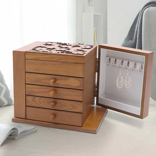 Vista 7 de Joyero multicapa de madera, caja de almacenamiento grande, organizador de joyería, collar, caja de almacenamiento con espejo para niñas y mujeres, 5