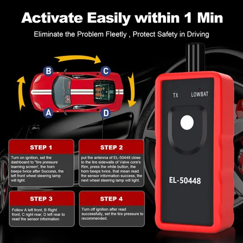 Vista 4 de KINGBOLEN EL-50448 Sensor Automático de Presión de Neumáticos 315/433 MHz, Herramienta de Activación de Reset/Relearn TPMS Compatible con Vehículos