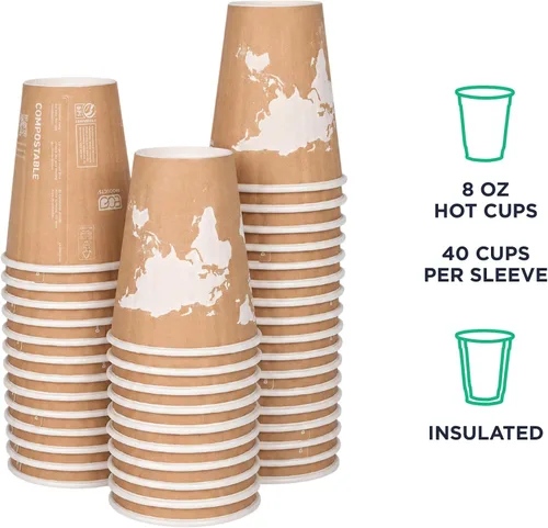 Vista 2 de ECO PRODUCTS Tazas de café desechables aisladas compostables World Art 8 onzas, paquete de 40, vaso de papel caliente renovable de doble pared
