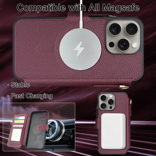 Vista 5 de Harryshell Funda compatible con iPhone 15 Pro, con carga inalámbrica MagSafe con 3 ranuras para tarjetas, bolsillo con cremallera, bolsillo