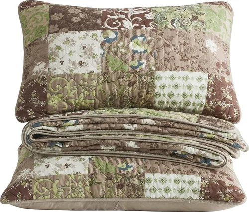 Vista 8 de Chezmoi Collection Leilani - Juego de edredón de algodón lavado bohemio de 3 piezas, tamaño Queen, ropa de cama acolchada bohemia marrón, gris topo