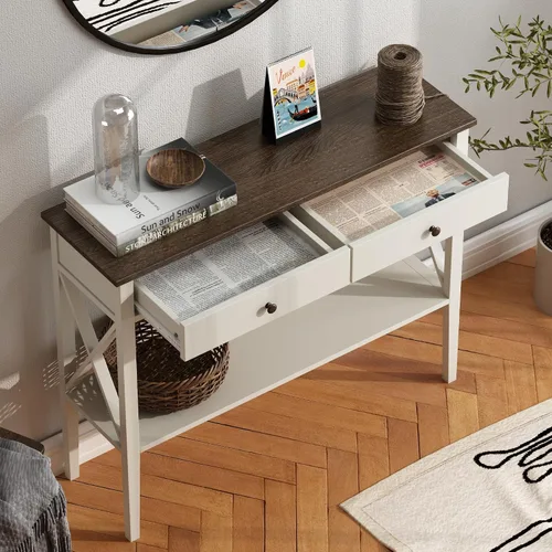 Vista 3 de ChooChoo - Mesa de entrada de granja de 39 pulgadas con cajones y estante de almacenamiento 11.8"D x 39.4"W x 31.5"H, Console Table, Sofa Table