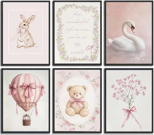 Vista 9 de 6 piezas de arte de pared rosa con diseño de arcoíris boho, patrón de corazón colorido, póster impreso, imágenes en lienzo para poder de niña