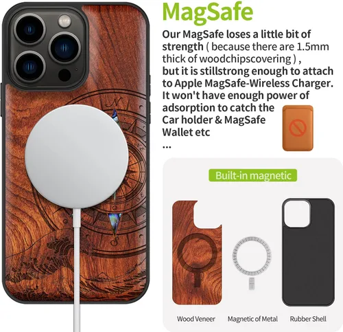 Vista 5 de Carveit Funda protectora de madera de diseñador para iPhone 13 Pro, cubierta magnética, grabado de madera e incrustaciones de concha, funda