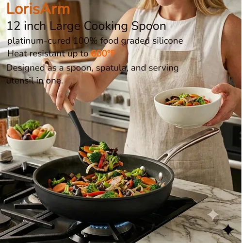 Vista 2 de LorisArm Cucharas de cocina grandes. Cuchara de servir de silicona resistente al calor de 12.5 pulgadas, utensilios de cocina antiadherentes