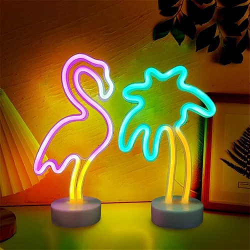 Vista 9 de UrsaMajor Luz de neón de flamenco, paquete de 2 letreros de neón LED de flamencos rosados para decoración de habitación de niñas, funciona