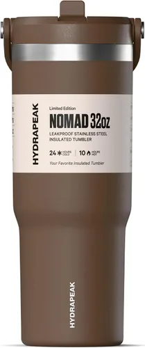 Vista 3 de Hydrapeak Nomad - Vaso de 32 onzas con asa y tapa con popote, a prueba de fugas, doble aislamiento, vaso de acero inoxidable de 32 onzas (almendra)