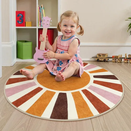 Vista 3 de LIVEBOX Alfombra de baño redonda retro de 3 pies, colorida alfombra bohemia suave circular para dormitorio, bonita alfombra lavable antideslizante