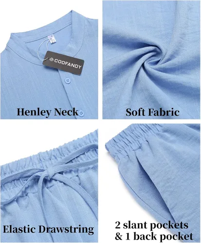Vista 5 de COOFANDY Conjunto de lino de 2 piezas para hombre camisas casuales Henley de manga corta pantalones cortos de yoga para playa trajes de verano