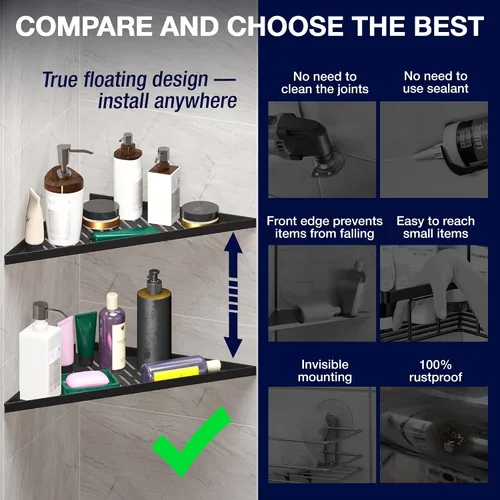 Vista 6 de Estantes esquineros de baño para ducha, adhesivo, palo, taladro, sin taladro, estante esquinero flotante negro fuerte de 16 pulgadas para pared