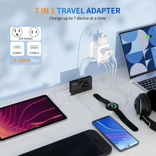 Vista 2 de Adaptador de viaje universal GaN de 45 W, adaptador de corriente internacional 7 en 1 de 2000 W con 3 USB-C (45 W PD)/2 USB-A/2 CA, enchufe mundial