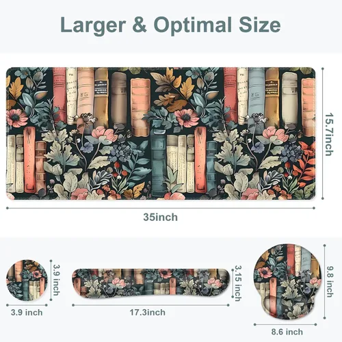 Vista 3 de Alfombrilla de mouse con estética natural de flores, XXL gran alfombrilla de escritorio extendida para la lectura, 4 piezas de base de goma