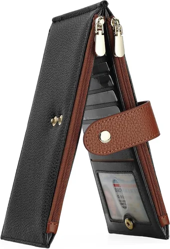 Vista 9 de GOIACII - Carteras delgadas para mujer con bloqueo RFID, tarjetero con 2 bolsillos con cremallera, monedero fino para mujer, negro (A01 Black)