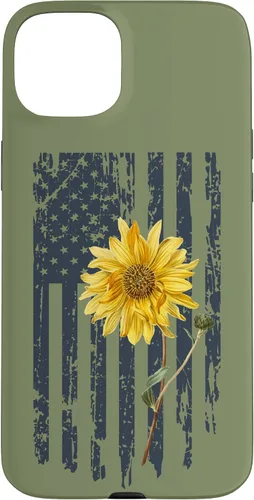Vista 9 de iPhone 16 Yellow Sunflower Patriotic US American Flag Women Sage Green Case