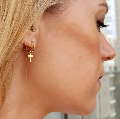 Vista 3 de Cross Daggle hoop earrings Gold cross earrings Minimal earrings Dainty Cross Earrings Huggie earrings 14K Gold Filled Earrings Christmas gift