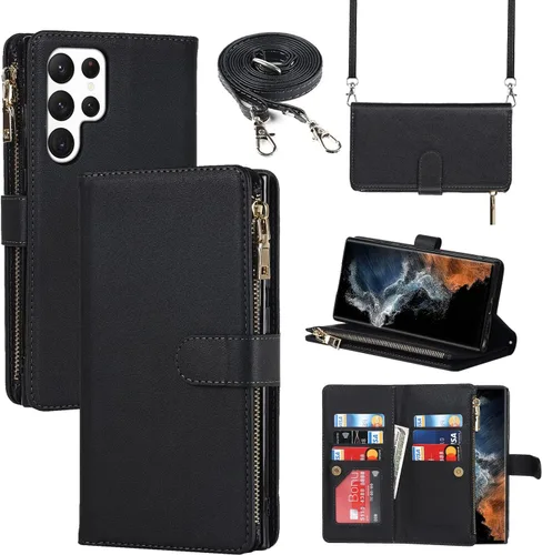 Vista 19 de Cavor Funda tipo cartera cruzada para Samsung Galaxy S22 Plus, color negro Funda de cuero con cierre magnético con cremallera y función atril TPU