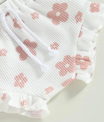 Vista 7 de Conjunto de ropa de verano para bebé recién nacida, conjunto de ropa de verano con estampado floral, mameluco con cordón y diadema corta