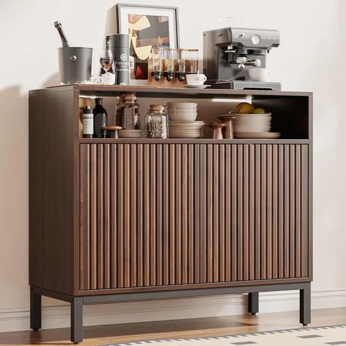 Vista 15 de Mericonia Aparador Buffet Gabinete Almacenamiento, Consola de madera moderna acanalada Credenza