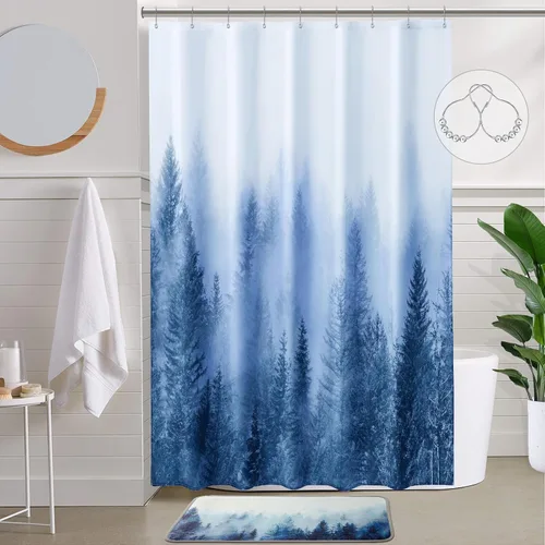 Vista 28 de ORTIGIA 36x72 Cortina de ducha de bosque nebuloso para baño pequeño, cortina de ducha estrecha de naturaleza y bosque en blanco y negro con ganchos