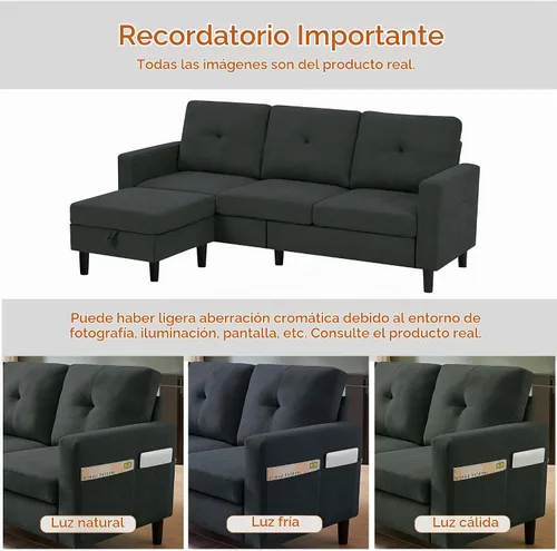 Vista 7 de Sofás seccionales para sala de estar, sofá en forma de L, sofás seccionales convertibles de 3 asientos con otomana de almacenamiento extraíble, tela