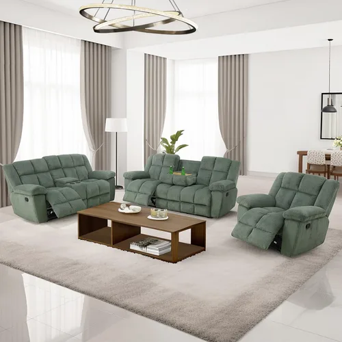 Vista 5 de Juego de sofá reclinable para muebles de sala de estar, juego de sofá y silla reclinable de pana verde, tela manual, sofá reclinable de 3 plazas