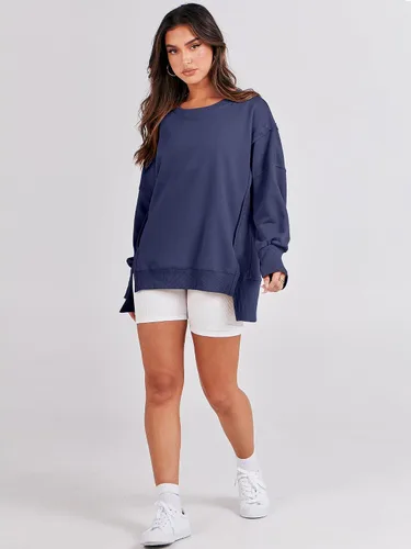 Vista 6 de ANRABESS Sudadera de gran tamaño para mujer, cuello redondo, manga larga, casual, con abertura, sin botones, ropa de otoño