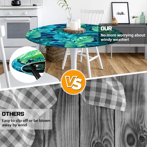 Vista 4 de Round Fitted Tablecloth with Elastic Edge Indoor Outdoor Washable Reusable Table Cover for Kitchen Picnic Party Fits 36-40" Diameter Round Tables