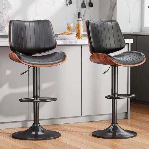 Vista 25 de Juego de 1 taburetes de bar giratorios de madera curvada ajustables para encimera de cocina, moderna silla de bar tapizada de piel sintética