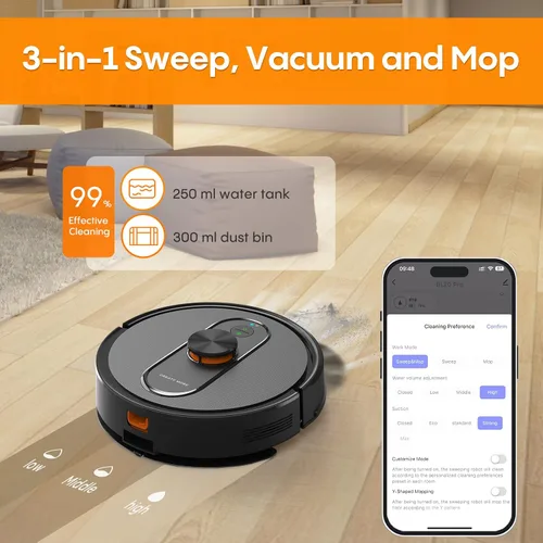Vista 6 de Robot aspirador y trapeador autovaciado, aspiradoras robóticas de 5000 Pa, 60 días de manos libres, 3 en 1, robot aspirador LiDAR 3 en 1, zonas
