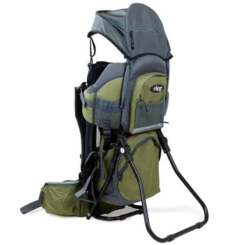 Vista 2 de ClevrPlus Canyonero Mochila de Camping para Bebé Senderismo Portabebés para Niños Pequeños con Soporte y Visera Parasol, Verde Militar
