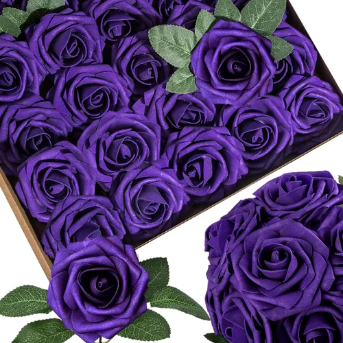 Vista 19 de 25 piezas Flores Artificiales de Espuma Rosas Falsas con Tallos 8 Hojas Rosas Sintéticas de Aspecto Real para Ramos de Boda Centros de Mesa de Negro