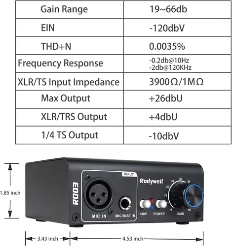 Vista 2 de Preamplificador de micrófono con ganancia ajustable de 19~75db, salida de línea balanceada y 48V para micrófono dinámico, de condensador, de cinta