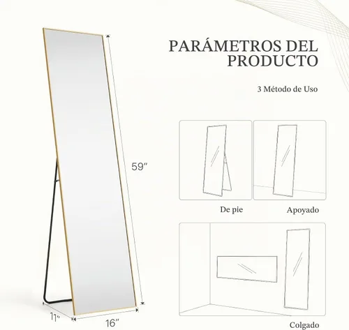Vista 2 de Espejo de piso de longitud completa, espejo de pared corporal de 16 Dorado-rect