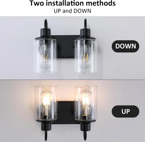 Vista 5 de Lámpara de baño negra mate sobre espejo, lámpara de tocador de baño de 2 luces con pantalla de vidrio transparente, apliques de pared modernos