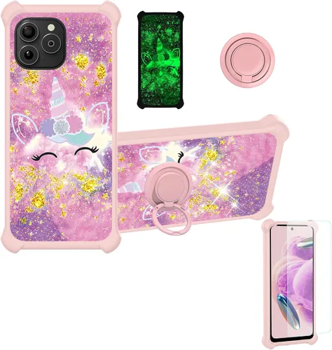 Vista 46 de jioeuinly Funda compatible con Oukitel P1 Pro con protector de pantalla de vidrio templado, policarbonato duro + silicona suave, soporte de anillo