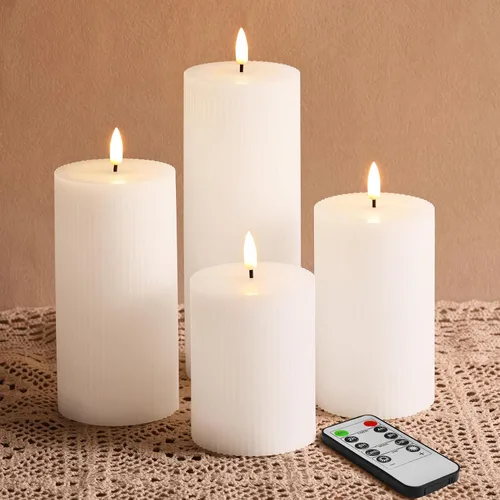 Vista 9 de Velas de pilar sin llama acanaladas blancas con control remoto, velas LED parpadeantes de cera que funcionan con pilas, juego de 2