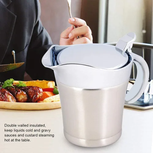 Vista 9 de Salsa de doble pared con aislamiento térmico de acero inoxidable 304 Salsa de barco Serveware para bebidas Olla de cocina Jarra para servir