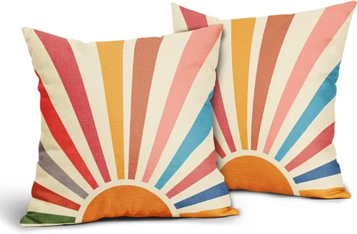Vista 2 de Kawani Fundas de almohada de estilo bohemio con sol y atardecer 16x16, juego de 2 fundas de almohada decorativas de lino con arcoíris colorido
