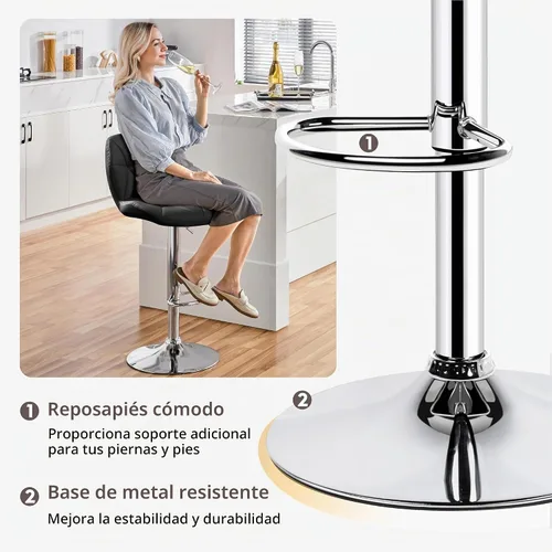 Vista 4 de Yaheetech Juego de 2 taburetes de bar, modernas sillas ajustables para isla de cocina, taburetes giratorios de piel sintética negra para bar, Negro