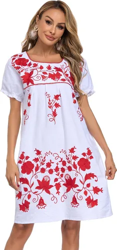 Vista 39 de YZXDORWJ Vestido bordado mexicano de manga corta para mujer 222BK