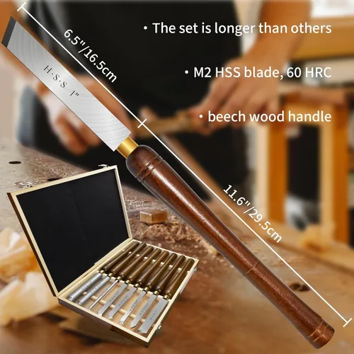 Vista 5 de Juego de 8 piezas de herramientas de torneado de madera HSS con mango de haya Wood Turning Tools Include Roughing Gouge, Spindle Gouge,Diamond