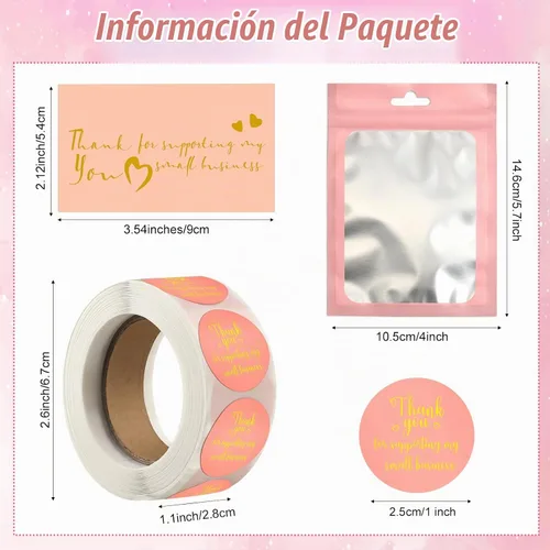 Vista 2 de Leelosp 2280 tarjetas de agradecimiento rosadas y calcomanías para pequeñas empresas, regalos hechos a mano, embalaje de envío, pulsera resellable