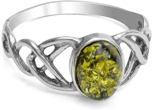 Vista 2 de Anillo ovalado celta de plata de ley ámbar verde
