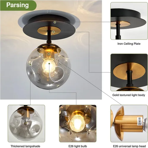Vista 5 de Lámpara de techo de 1 bombilla de techo con forma de globo de cristal, moderna y semiempotrada de color negro para pasillo, porche, escalera