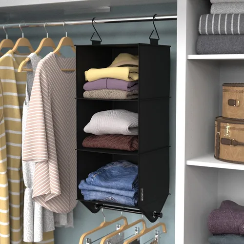 Vista 2 de ClosetMaid Organizador de armario colgante de tela de 3 estantes con barra de ropa para camisas, suéteres, pantalones, sombreros, zapatos, monederos