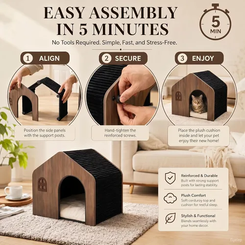 Vista 6 de Moderna casa de madera para gatos para interiores, cama tipo cueva cerrada de grado E0 con cojín lavable, muebles ecológicos no tóxicos