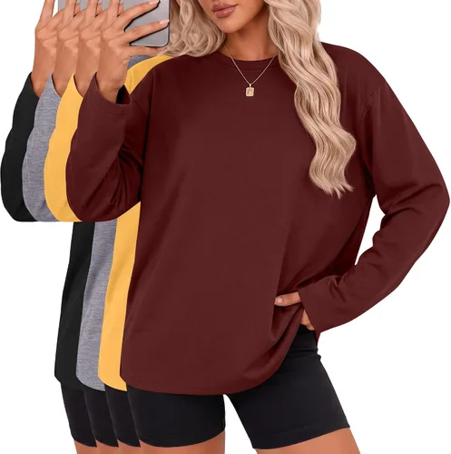 Vista 15 de Ficerd Paquete de 4 camisetas casuales de manga larga con cuello redondo