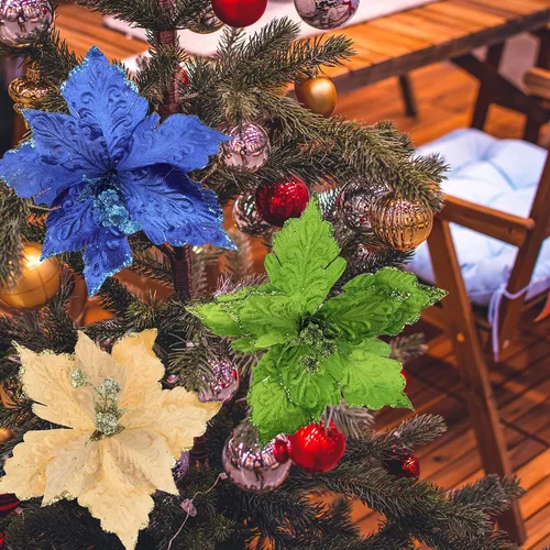 Vista 4 de 6 flores de Pascua artificiales con purpurina, flores de Navidad azules, decoración floral de árbol de Navidad para corona, arreglo floral, jarrón