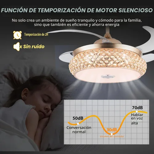 Vista 4 de WWahuayuan Ventilador de techo invisible retráctil de 42 pulgadas con luz y altavoz Bluetooth, candelabro ventilador Bluetooth moderno con control
