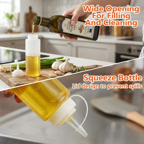 Vista 2 de Abnaok Botellas exprimibles para condimentos, paquete de 2 botellas de plástico de grado alimenticio de 8 onzas para salsas, recipientes